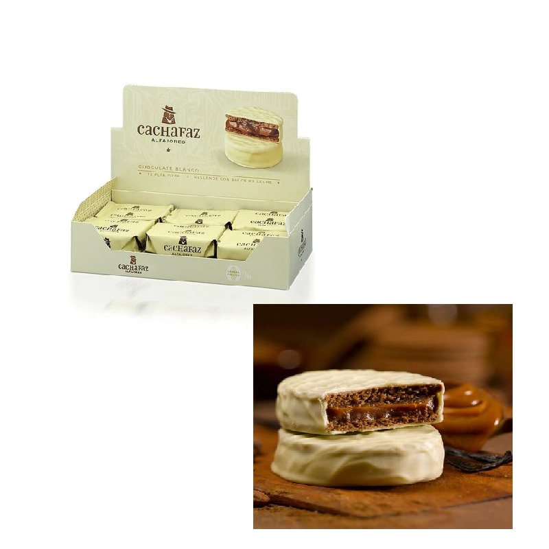 Cachafaz Alfajor de chocolate blanco relleno de Dulce de Leche (caja de 12)