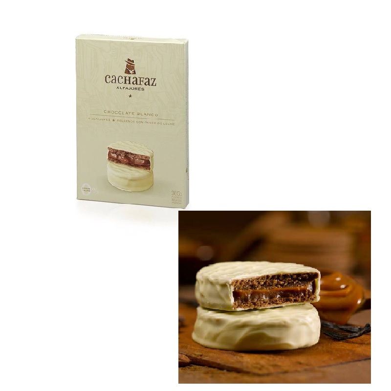 Cachafaz Alfajor de Chocolate Blanco relleno de Dulce de Leche Caja Mayorista, 360 g / 12.69 oz c/u (6 alfajores por estuche - 12 estuches por caja)