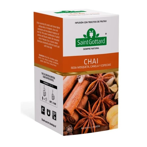 Saint Gottard Chai Té Rosa Mosqueta, Canela y Especias, 40 g, 20 saquitos