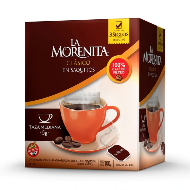 La Morenita Café Clásico Torrado en Saquitos, 20 bolsitas de 100 g / 3.5 oz caja