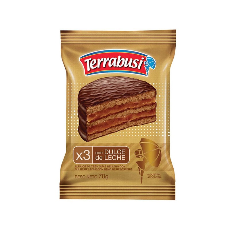 Terrabusi Alfajor Triple de chocolate relleno con Dulce de Leche, 70 g / 2.5 oz (pack de 6)