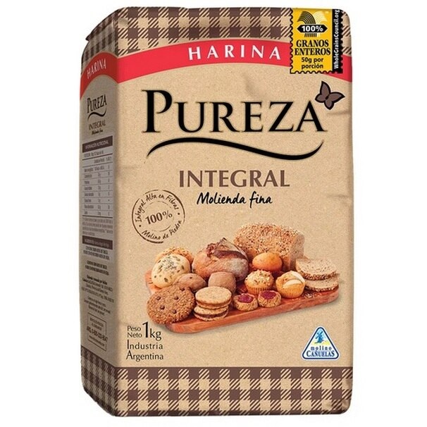 Pureza Harina 100% Integral Molienda Fina, 1 kg / 2.2 lb