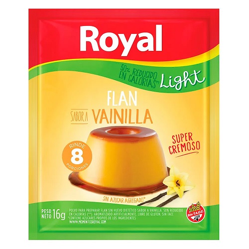 Royal Flan de Vanilla  Light, 8 porciones por paquete, 16 g / 0.56 oz paquete