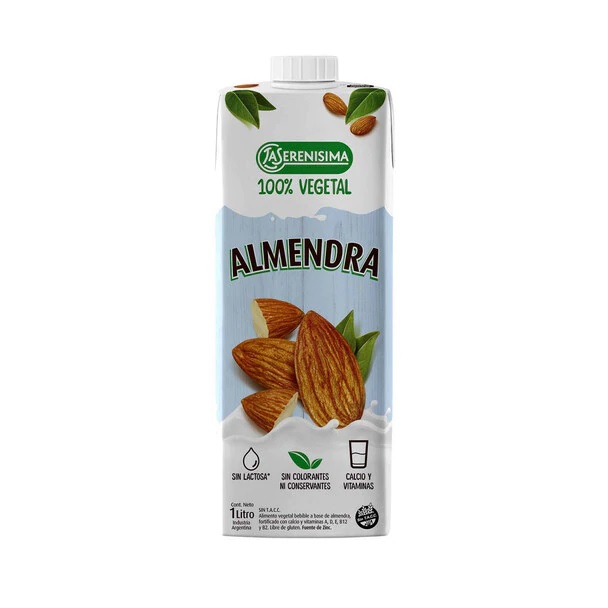 La Serenísima Bebida 100% Vegetal Almendra - Gluten y Lactosa Sin Preservantes ni Colorantes, 1 l / 33.8 fl oz