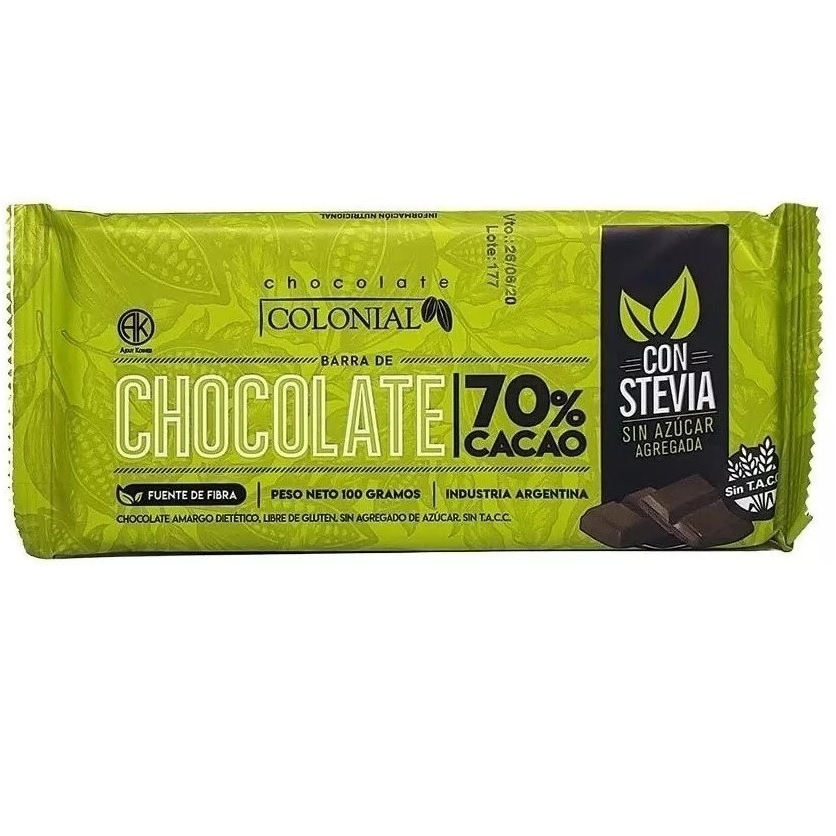 Colonial Chocolate Sin azucar agregada 70% cacao con Stevia