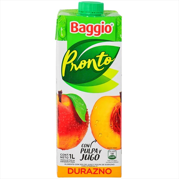 Jugo Baggio Pronto Sabor Durazno con Pulpa Tetra Pak, 1 L / 33.8 fl oz