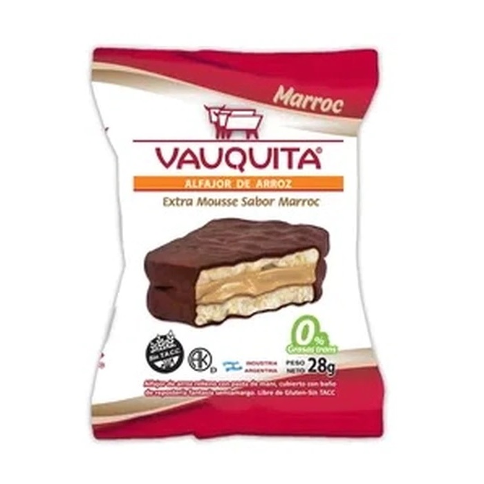 Vauquita Alfajor de Arroz cubierto de Chocolate relleno con Mousse de Marroc, 28 g / 0.98 oz (pack de 6)