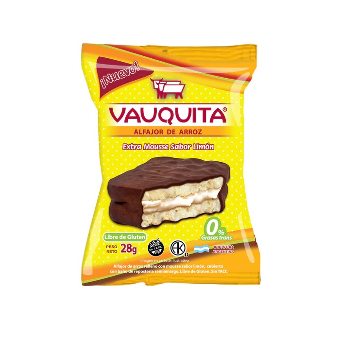 Vauquita Alfajor de Arroz cubierto de Chocolate relleno con Crema de Limón, 28 g / 0.98 oz (pack de 6)
