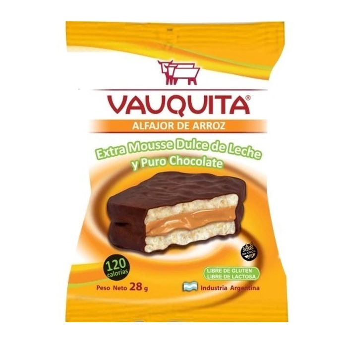 Vauquita Alfajor de Arroz cubierto de Chocolate relleno con Dulce de Leche, 28 g / 0.98 oz (pack de 3)