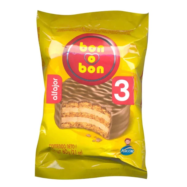 Bon O Bon Alfajor Triple con crema de maní y Chocolate, 60 g / 2.1 oz (pack de 6)