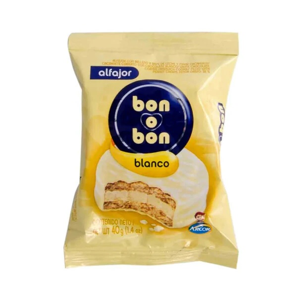 Bon o Bon Alfajor de Chocolate Blanco relleno con crema de maní, 40 g / 1.4 oz (pack de 6)