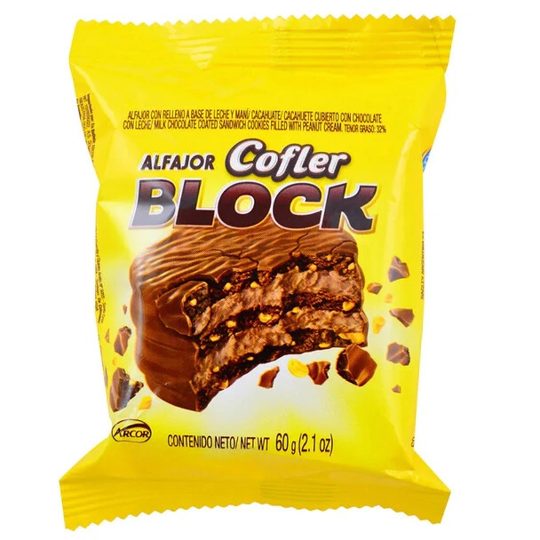Cofler Block Alfajor de chocolate con Crema de Maní, 60 g / 2.1 oz (pack de 6)