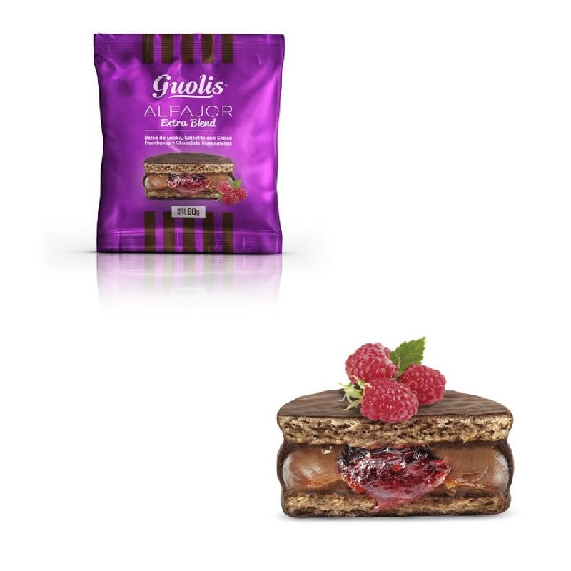 Guolis Alfajores Premium Extra Blend Chocolate semi amargo relleno con Dulce de Leche & Frambuesas  (caja de 12)