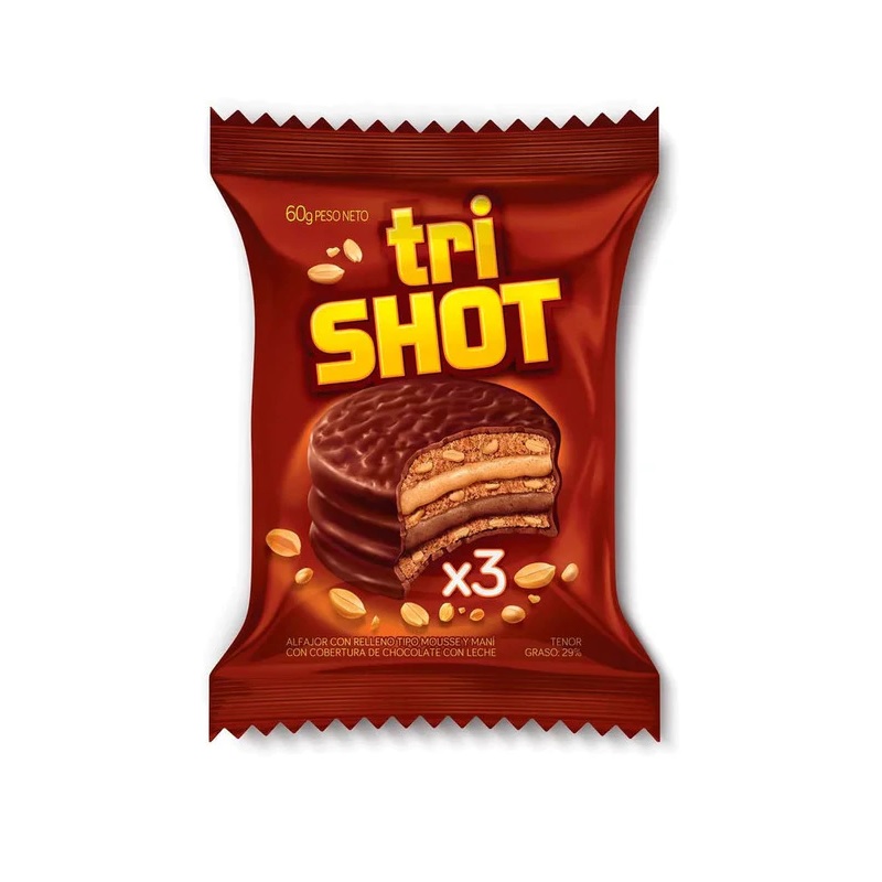Trishot Triple Alfajor with Peanut Butter and Chocolate Mousse, 60 g / 2.1 oz (pack of 6)
