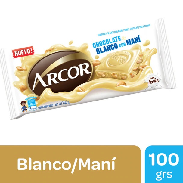 Arcor Chocolate Blanco con Maní, 100 g / 3.52 oz